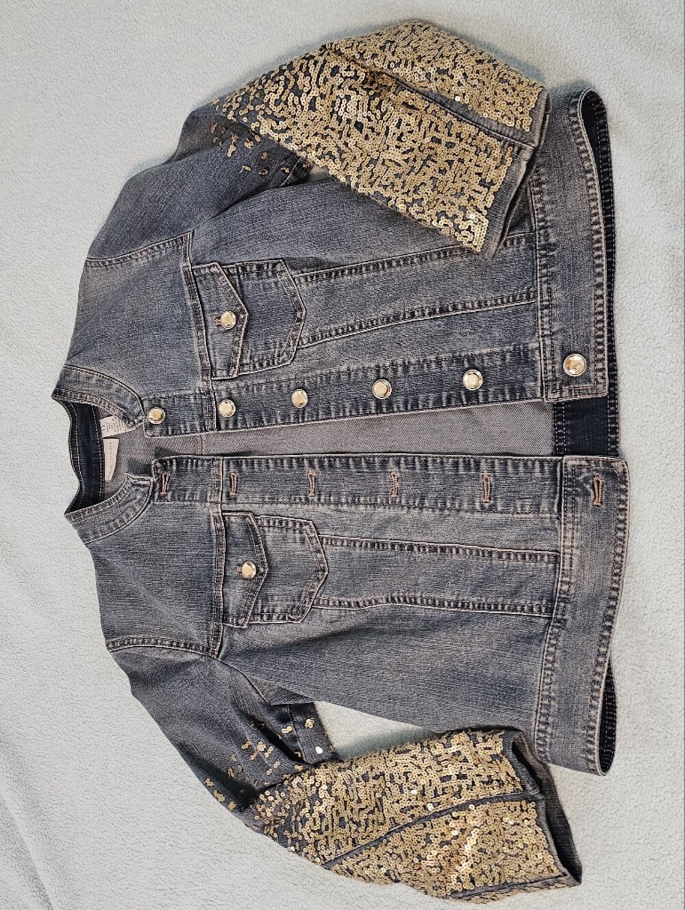 Chico's Gray Denim Jacket with Sequin Cuff Detail